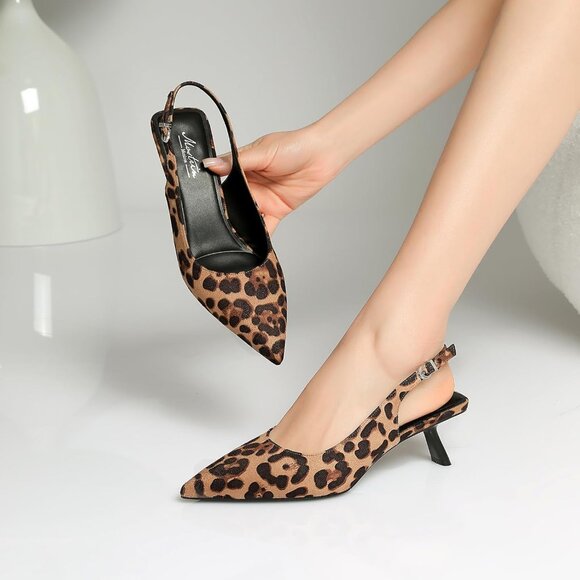 Mostrin Kitten Heels Leopard Faux Leather Low Slingback Heels with Buckle - Picture 9 of 9